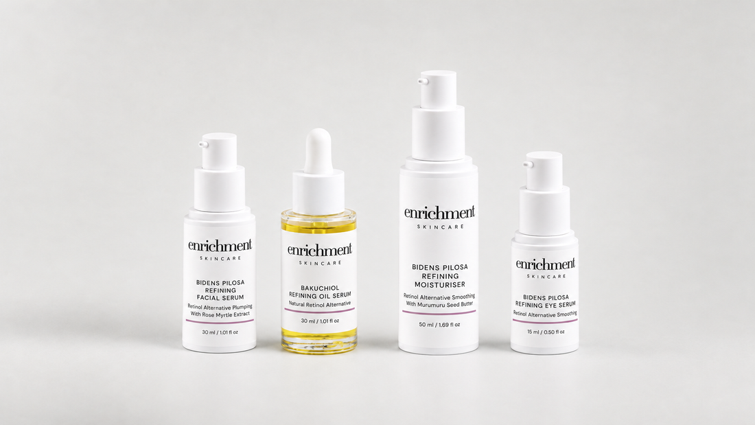 Four Enrichment Skincare products standing together: Bidens Pilosa Refining Facial Serum, Bakuchiol Refining Oil Serum, Bidens Pilosa Refining Moisturiser and Bidens Pilosa Refining Eye Serum