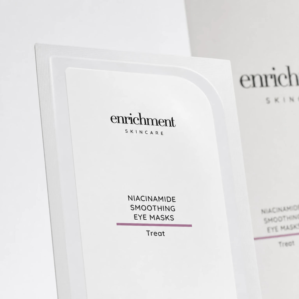 Angled close-up of the Niacinamide Smoothing Eye Masks sachet label