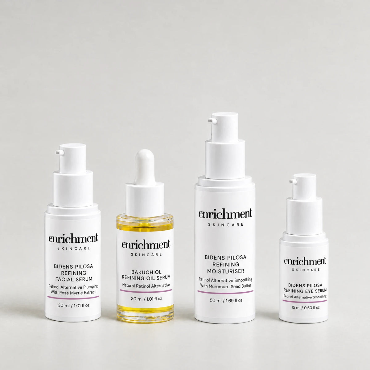 Four Enrichment Skincare products in a row: Bidens Pilosa Refining Facial Serum, Bakuchiol Refining Oil Serum, Bidens Pilosa Refining Moisturiser and Bidens Pilosa Refining Eye Serum